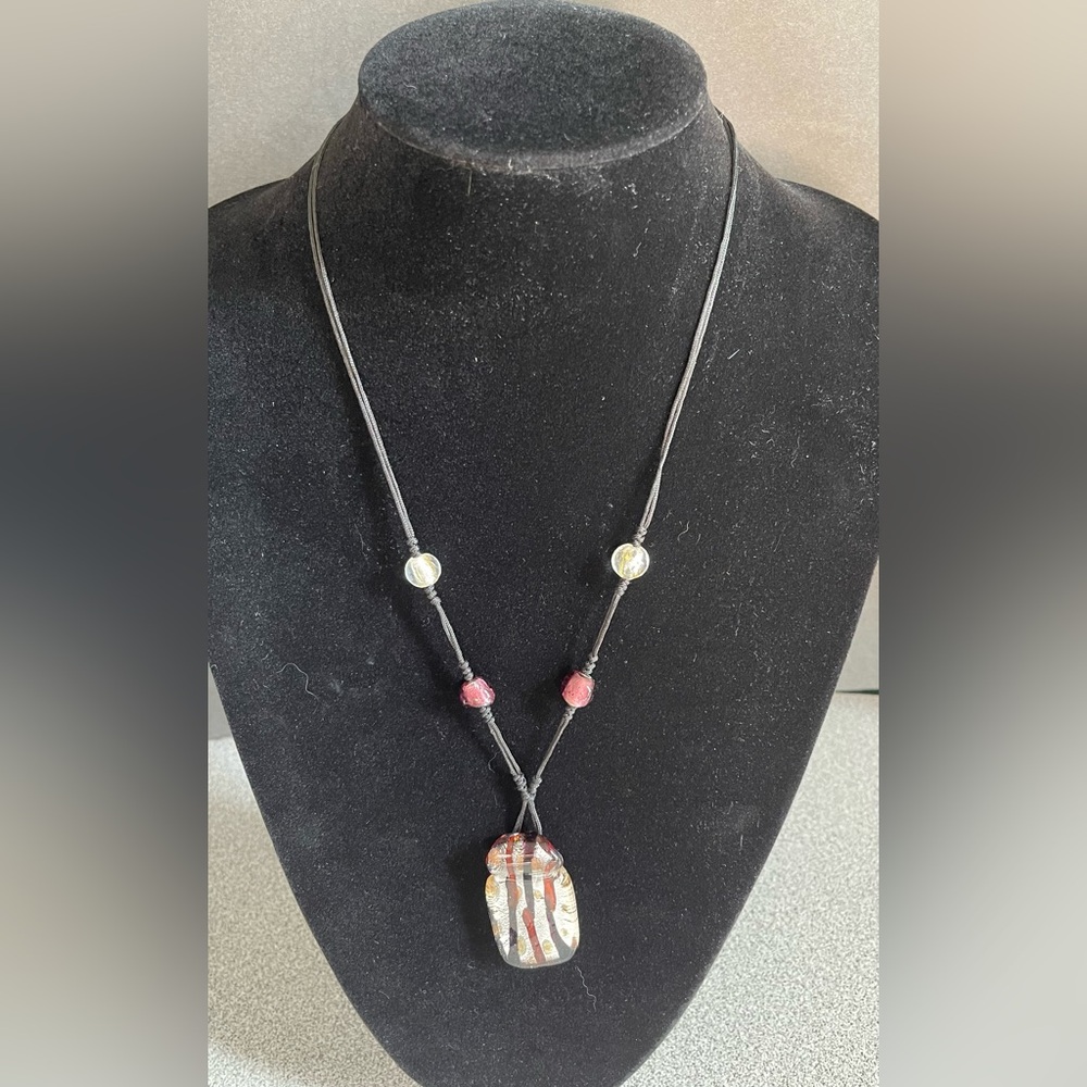 Vintage Foil Glass Pendant Rope Necklace